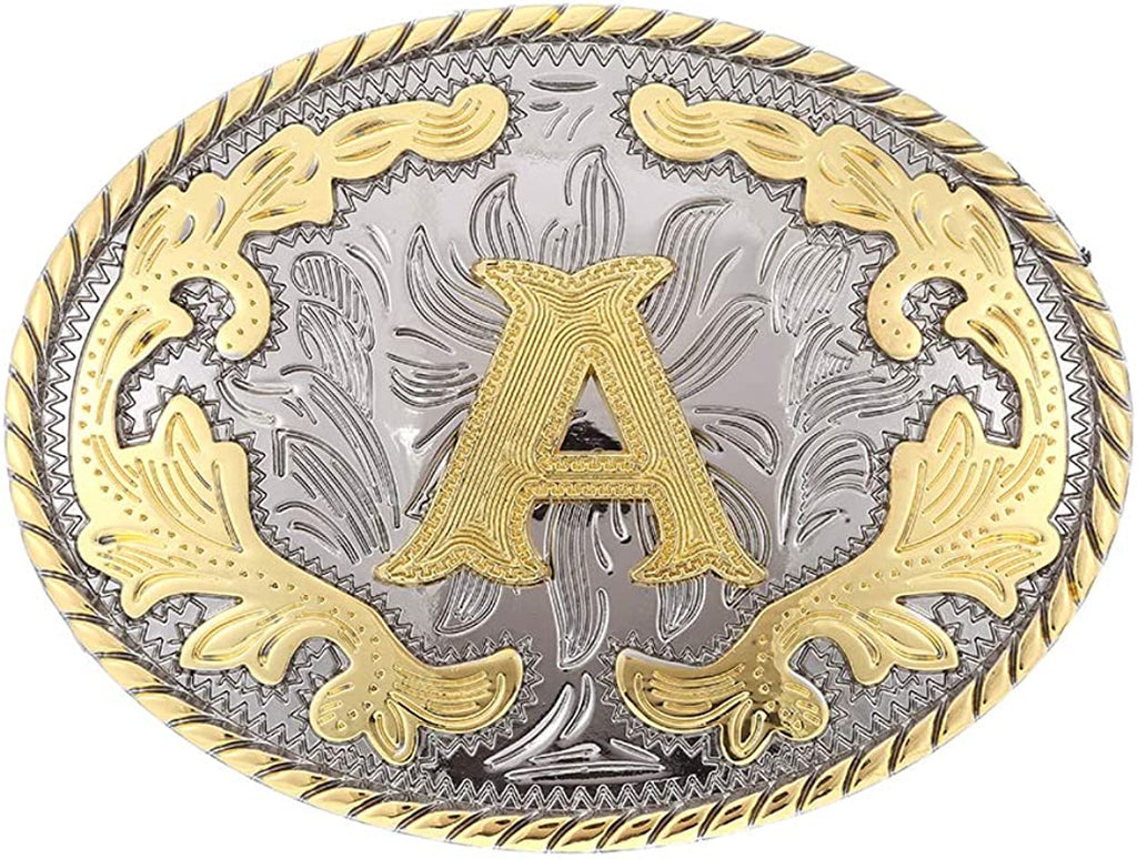 Western Belt Buckle with Initial Letters - Cowboy Rodeo Gold Large Belt Buckle for Men and Women