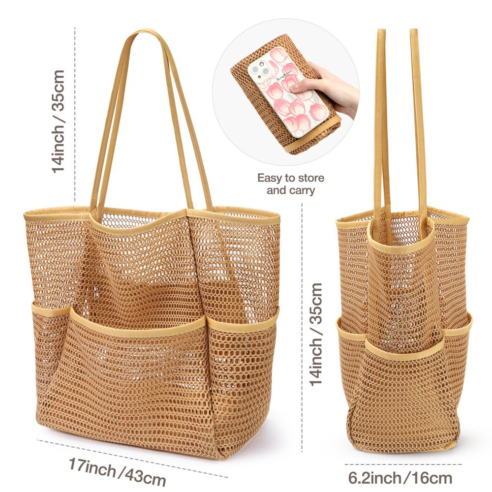 Mesh Beach Bag, Tote Bag for Women Large Foldable Mesh Swimming Bag with Pockets - Sandproof, Waterproof