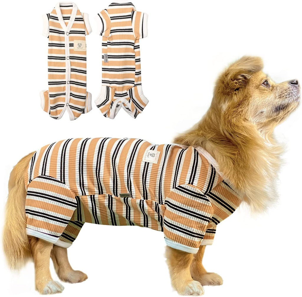  Dog Pajamas, Female/Male Dog Jumpsuit Pet Clothes with Colorful Stripe, Dog 4 Legged Pajamas Knit Clothes for Small Medium Size Dog (Green&Purple, Boy, XS)