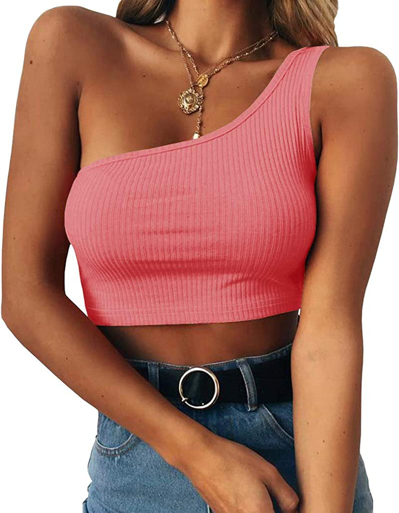 PRETTODAY Women's Sleeveless Crop Tops Sexy One Shoulder Strappy Tees Basic Crop Tank Top