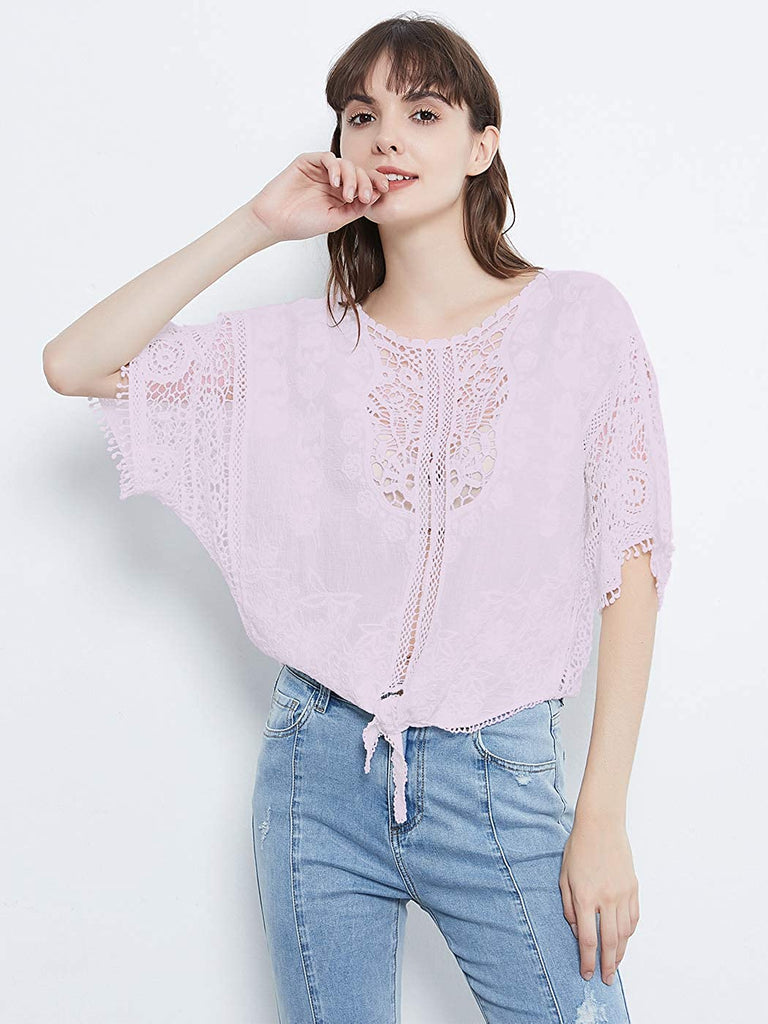 Women White Casual Lace Crochet Blouse Half Sleeve Tie Knot T-Shirt Blouses Tops Floral Printed Tops