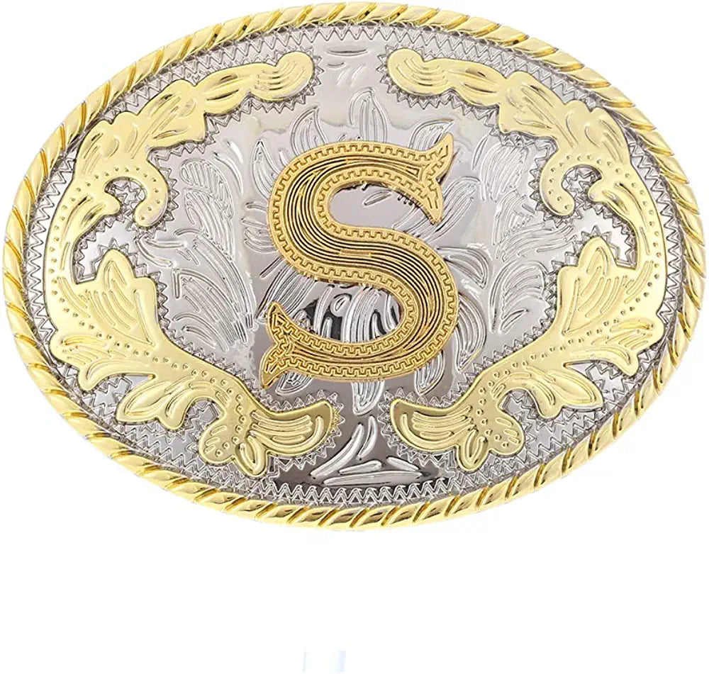 Western Belt Buckle with Initial Letters - Cowboy Rodeo Gold Large Belt Buckle for Men and Women