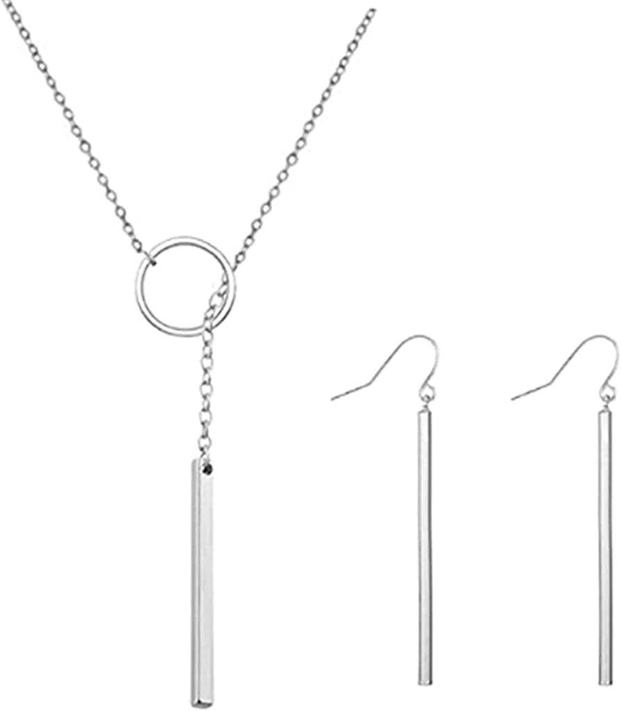 2Pcs Circle Y-shaped Pendant Necklace Bar Earrings Set