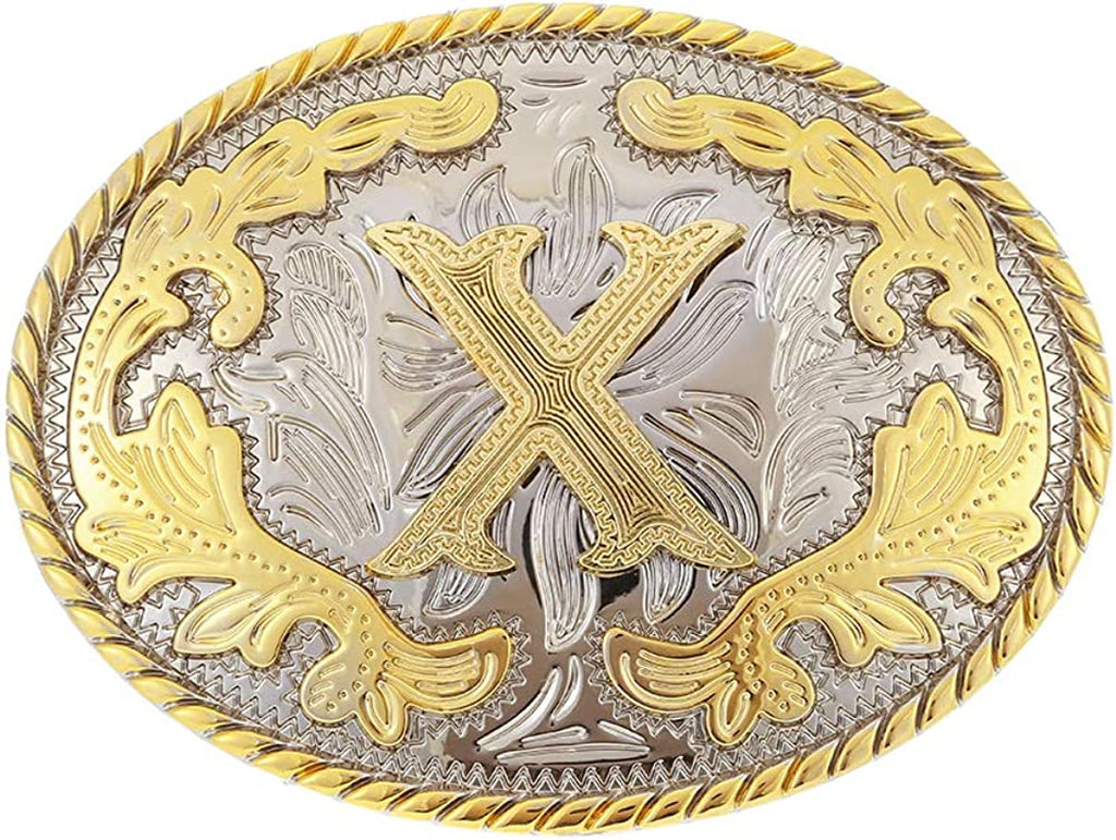 Western Belt Buckle with Initial Letters - Cowboy Rodeo Gold Large Belt Buckle for Men and Women