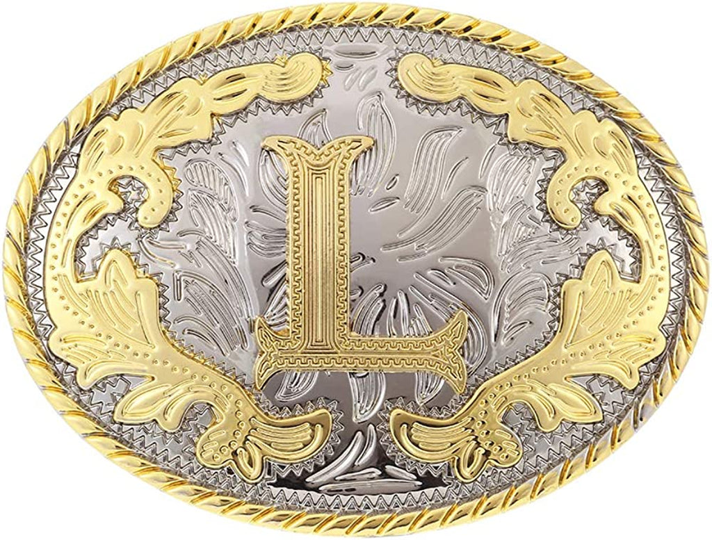 Western Belt Buckle with Initial Letters - Cowboy Rodeo Gold Large Belt Buckle for Men and Women