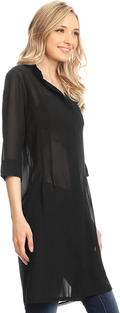 Sheer Chiffon Long Tunic Blouse Button Down Dress Shirt Cover Up