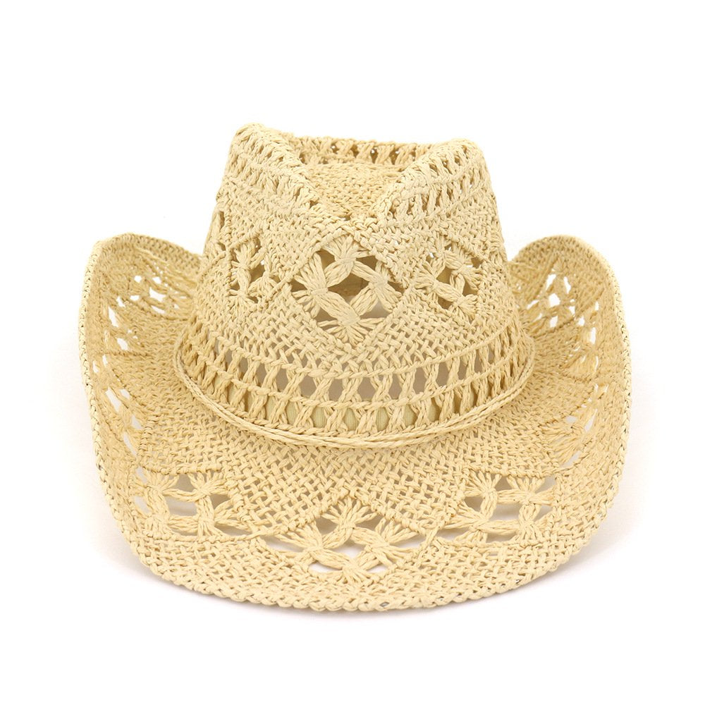 Straw Cowboy Hat Band Shapeable Brim Beach Cowgirl,Khaki