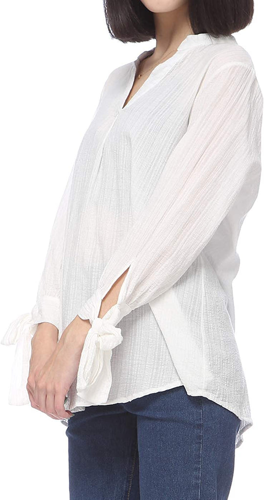 Women's Cotton Loose Blouse Top Split Neck Tunic V Neck Long Sleeve Shirt