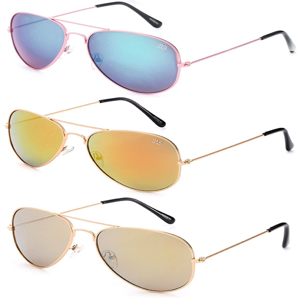 3 Pack Classic Aviator Sunglasses Flash Full Mirror Lenses & Metal Frames