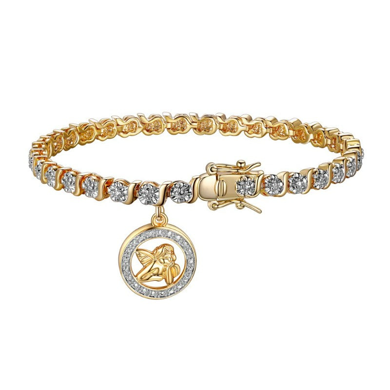 Women's 18K Yellow Gold Plated Diamond Accent Open Heart Charm Tennis Bracelet, 7.25"