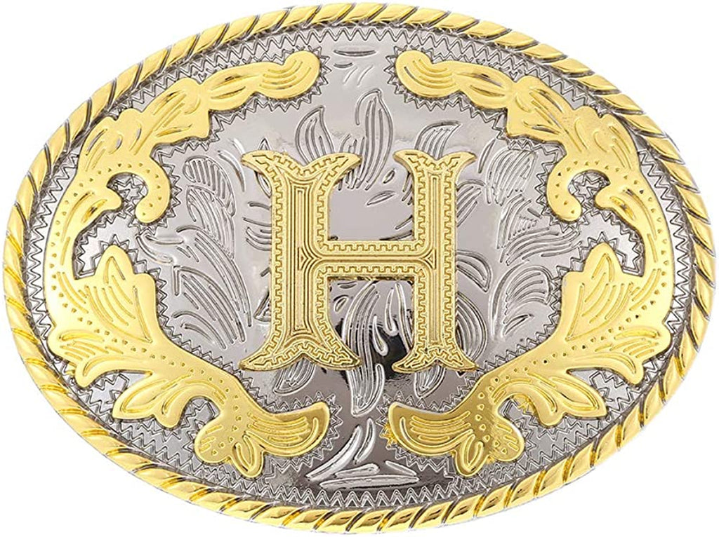 Western Belt Buckle with Initial Letters - Cowboy Rodeo Gold Large Belt Buckle for Men and Women