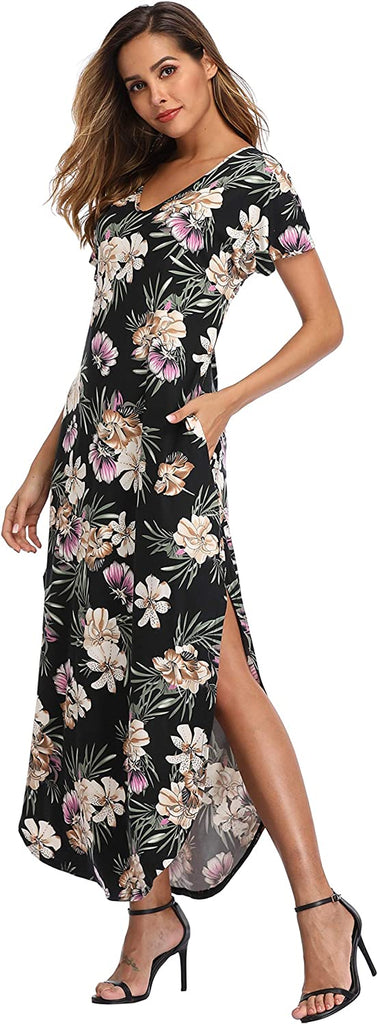 VEW Store Women's Maxi Dress Floral Printed Long Casual Beach Party Dress with Pocket