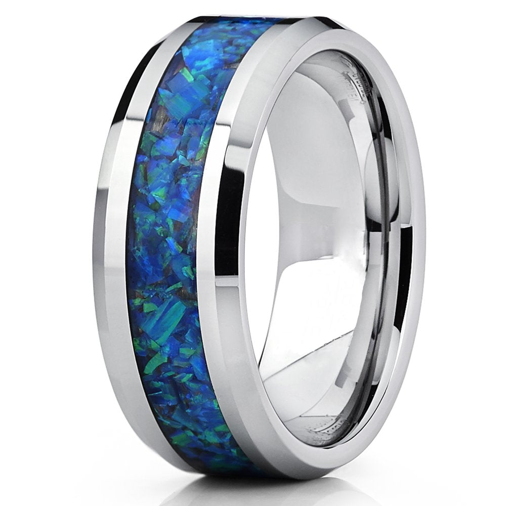 Men'S 8MM Tungsten Carbide Wedding Band Ring with Blue Green Simulated Opal Inlay 8MM Size 8
