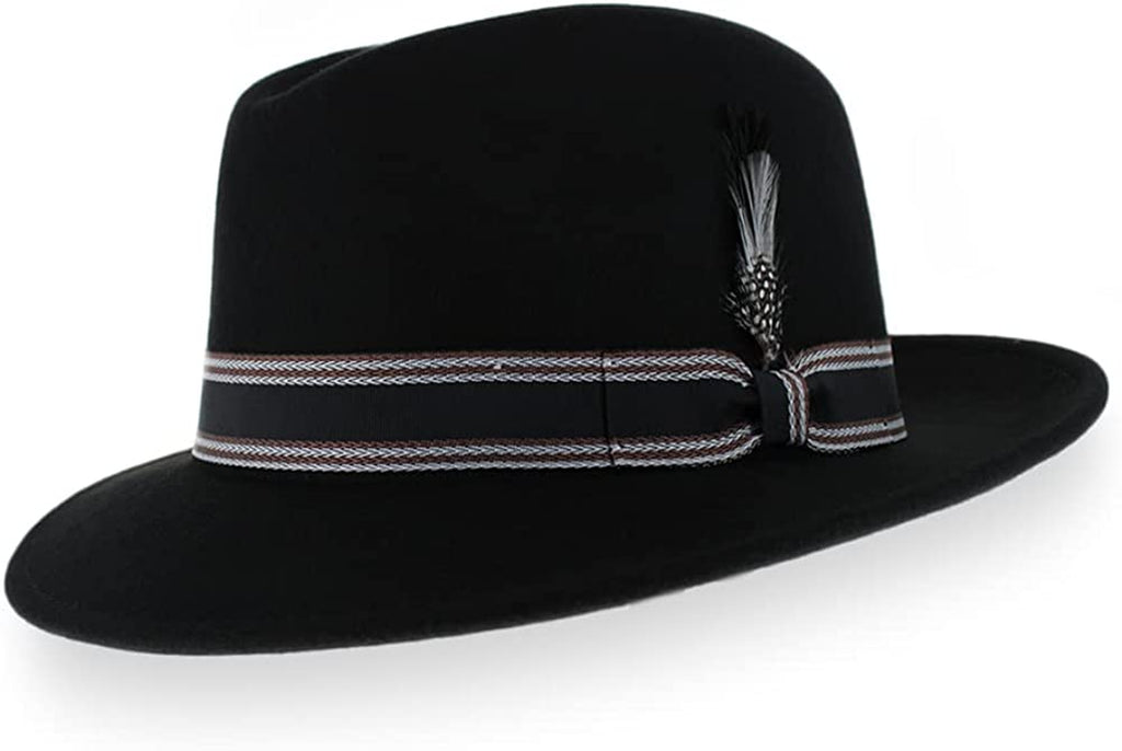  Crushable Dress Fedora Men's Vintage Style Hat 100% Pure Wool in Black Blue Grey Pecan Brown and Striped Bands