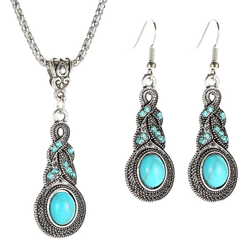 Turquoise Water Drop Shaped Bohemian Style Necklace and Earrings Set