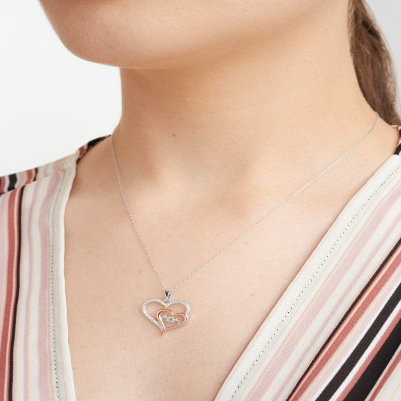 14K Rose Gold over Sterling Silver Double Open Heart "Mom" Pendant with 18" Chain 