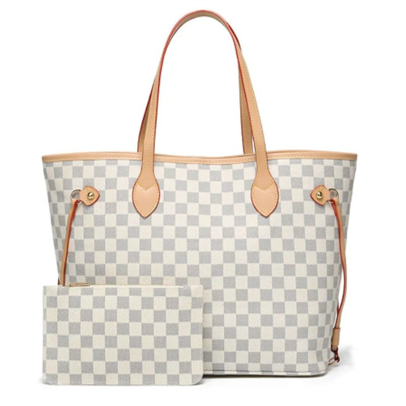  Women's Checkered Tote Bag PU Vegan Leather Satchel with Inner Pouch 