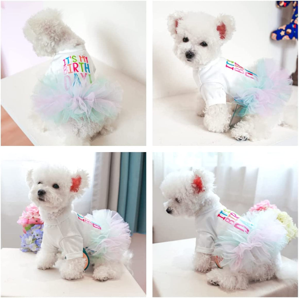 Dog Birthday Princess Tutu Dress for Small Dogs Girl + Adjustable Puppy Cat Birthday Party hat Cake Shaped (A)