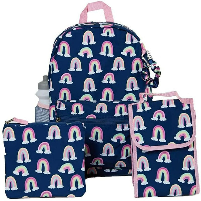 6 Piece Set  Rainbow Girls Backpack with Lunch Box and Water Bottle 
