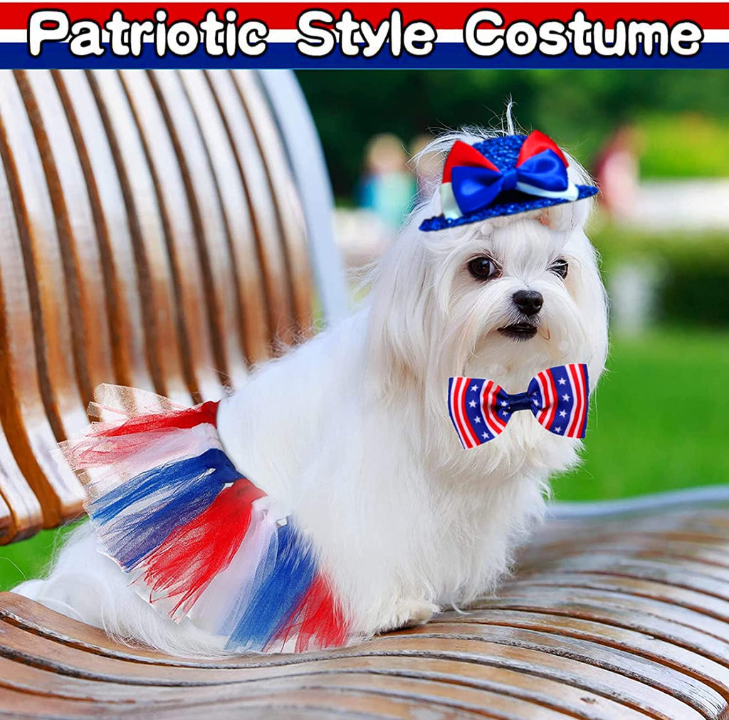 4th of July Pet Patriotic Costume Adjustable Dog Hat Bandanas Mesh Tutu Skirt American Flag Puppy Bibs Scarf Cat Collar 3 Pieces Independence Day Caps Bowtie Dress for Small Dogs Kitty Decorations