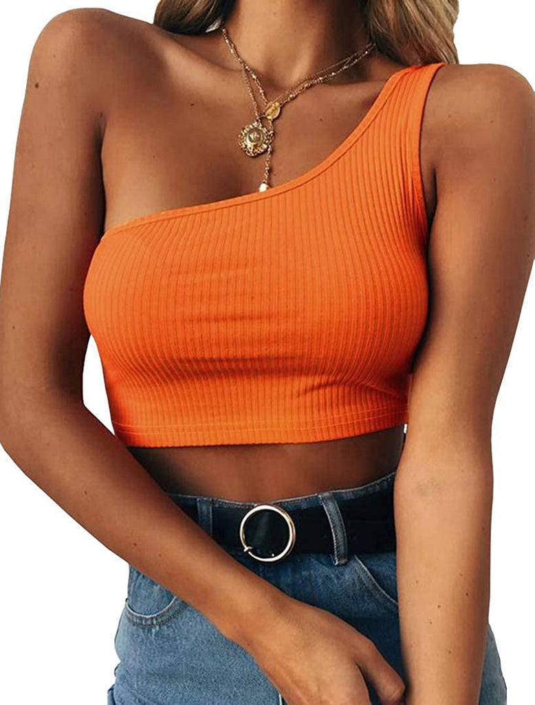 Minclouse Women's One Shoulder Sleeveless Crop Tops Summer Sexy Strappy Tank Tees