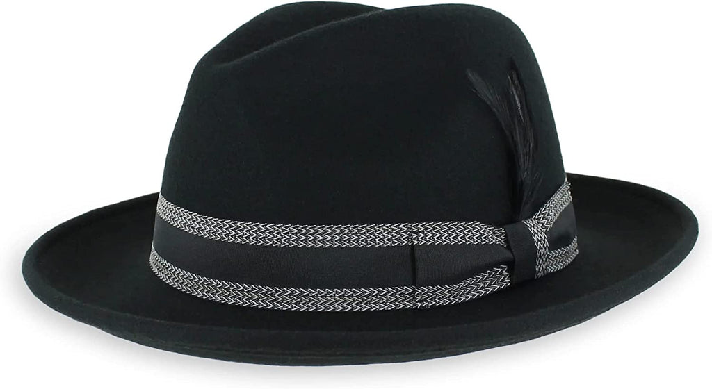 Crushable Dress Fedora Men's Vintage Style Hat 100% Pure Wool in Black Blue Grey Pecan Brown and Striped Bands