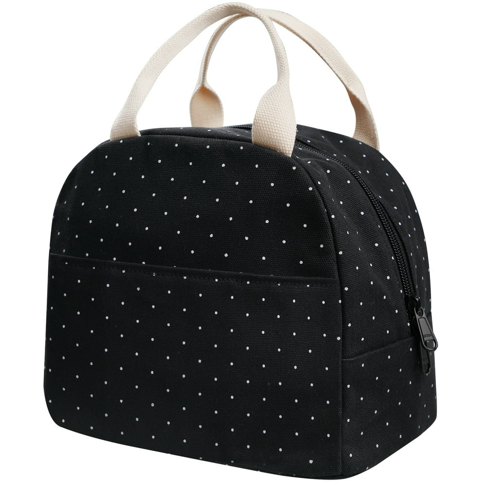  Lunch Bag for Girls, Reusable Insulated Tote Lunch Box for Women, Cooler & Thermal Lunch Bag for Work/ School/ Picnic/ Beach/ Fishing-Black Polka Dot