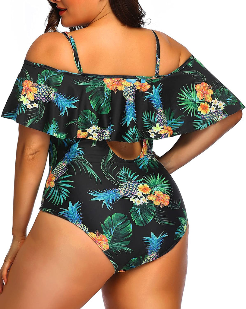  Women Plus Size One Piece Off Shoulder Swimsuits Lace Up Tummy Control Flounce Bathing Suits