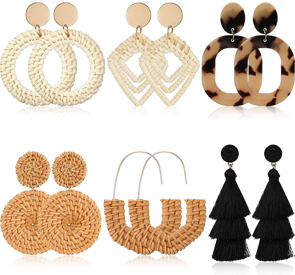 6 Pairs Rattan Earrings Straw Earrings Tassel Woven Bohemian Earring Handmade Wicker Braid Hoop Drop Earring For Women Girls