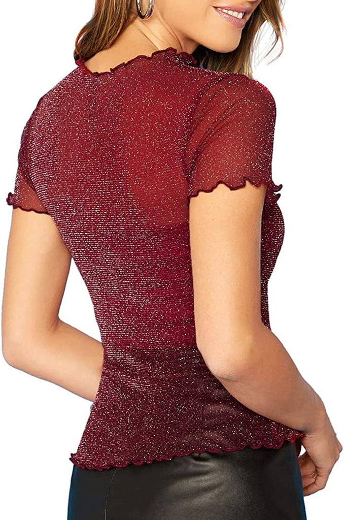 Women's Glitter Sheer Mesh Tops See through Short Sleeve/Long Sleeve Tee Blouse Sexy Clubwear