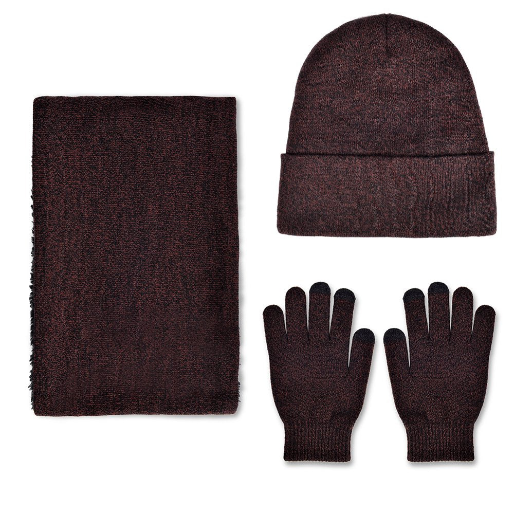 , 3 Pieces Universal Warm Knitted Hat Scarf Gloves Set, Beanie Hat Circle Scarf Touchscreen Gloves Set for Men Women, Wine Red