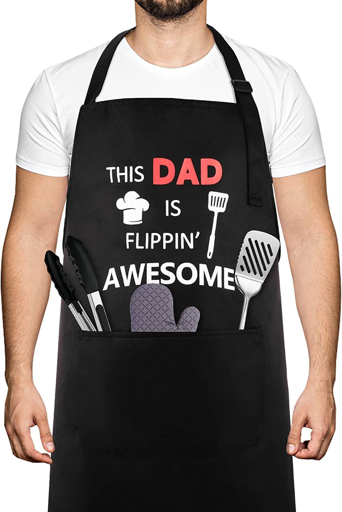 Funny Apron, BBQ Grill Apron with 2 Pockets, Funny Aprons for Men, Women, One Size Fits All, Cooking Aprons, Personalized Apron, BBQ Gift Apron for Father, Husband, Chef (This Dad is Flippin' Awesome)