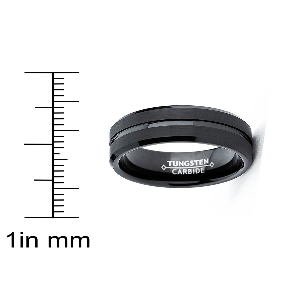 Men's Tungsten Ring Wedding Band Black Grooved Beveled Edge 8MM Sizes 7 to 15