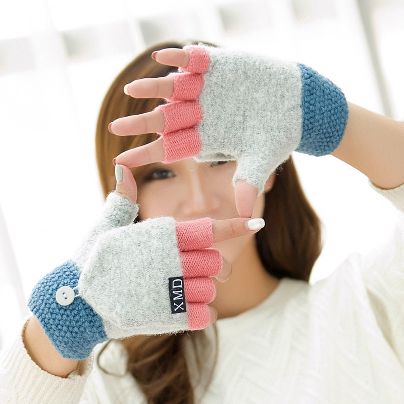 Women's Wool Knitted Fingerless Flip Winter Gloves