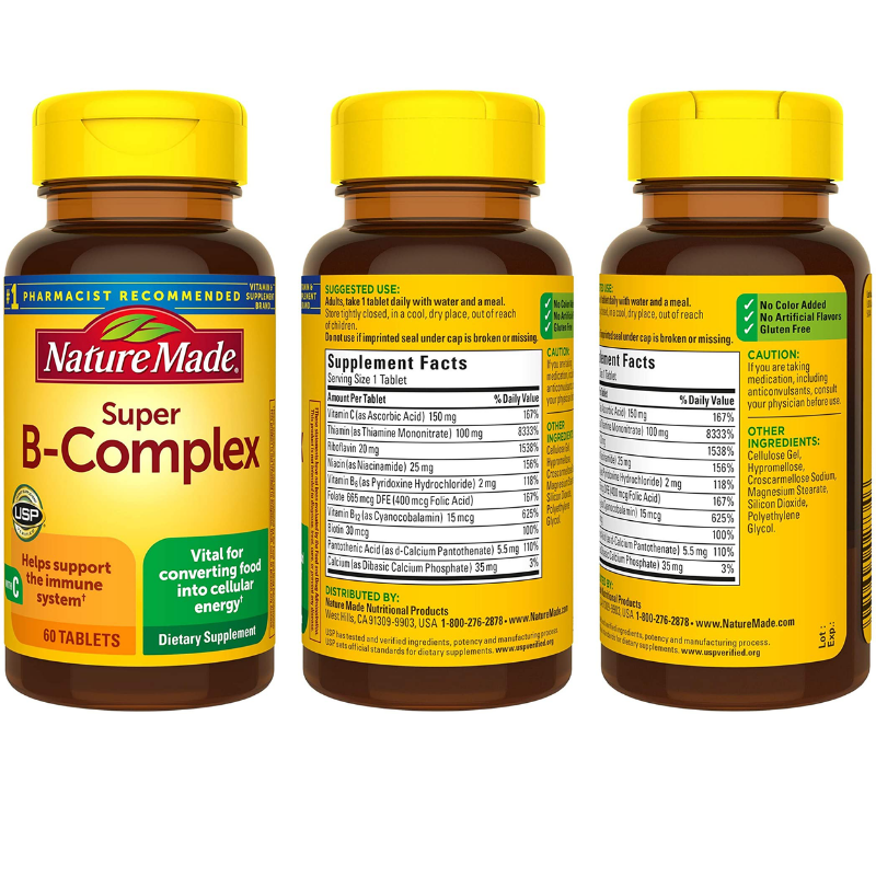 60 Count Nature Made Super B Complex With Vitamin C And Folic Acid For Cellular Energy Support